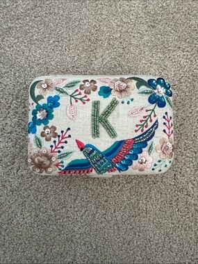 Embroidered Beaded 'K' Travel Jewelry Case with Bird and Floral Motif